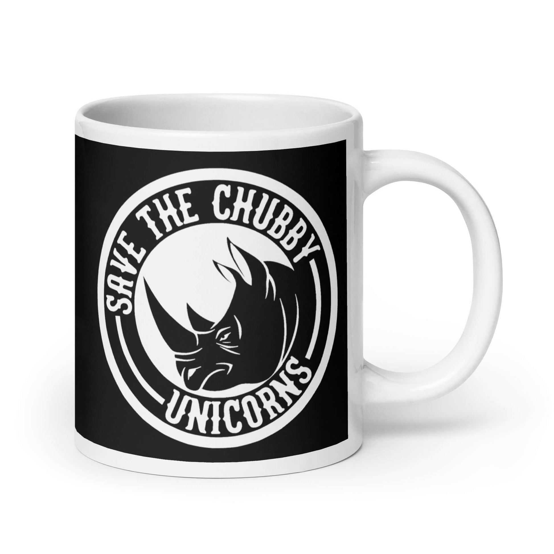 Black and white ceramic mug with a funny graphic of a rhinoceros & the words Save the chubby unicorns printed on both sides.