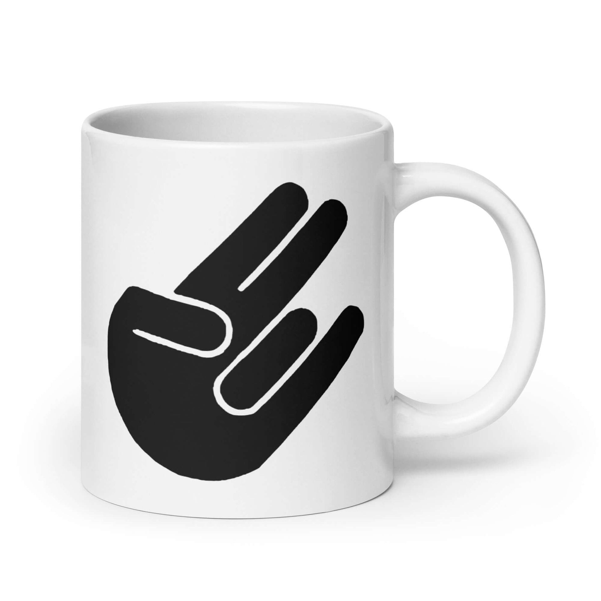 White ceramic coffee mug with the universal hand symbol for The Shocker printed on both sides of the mug.