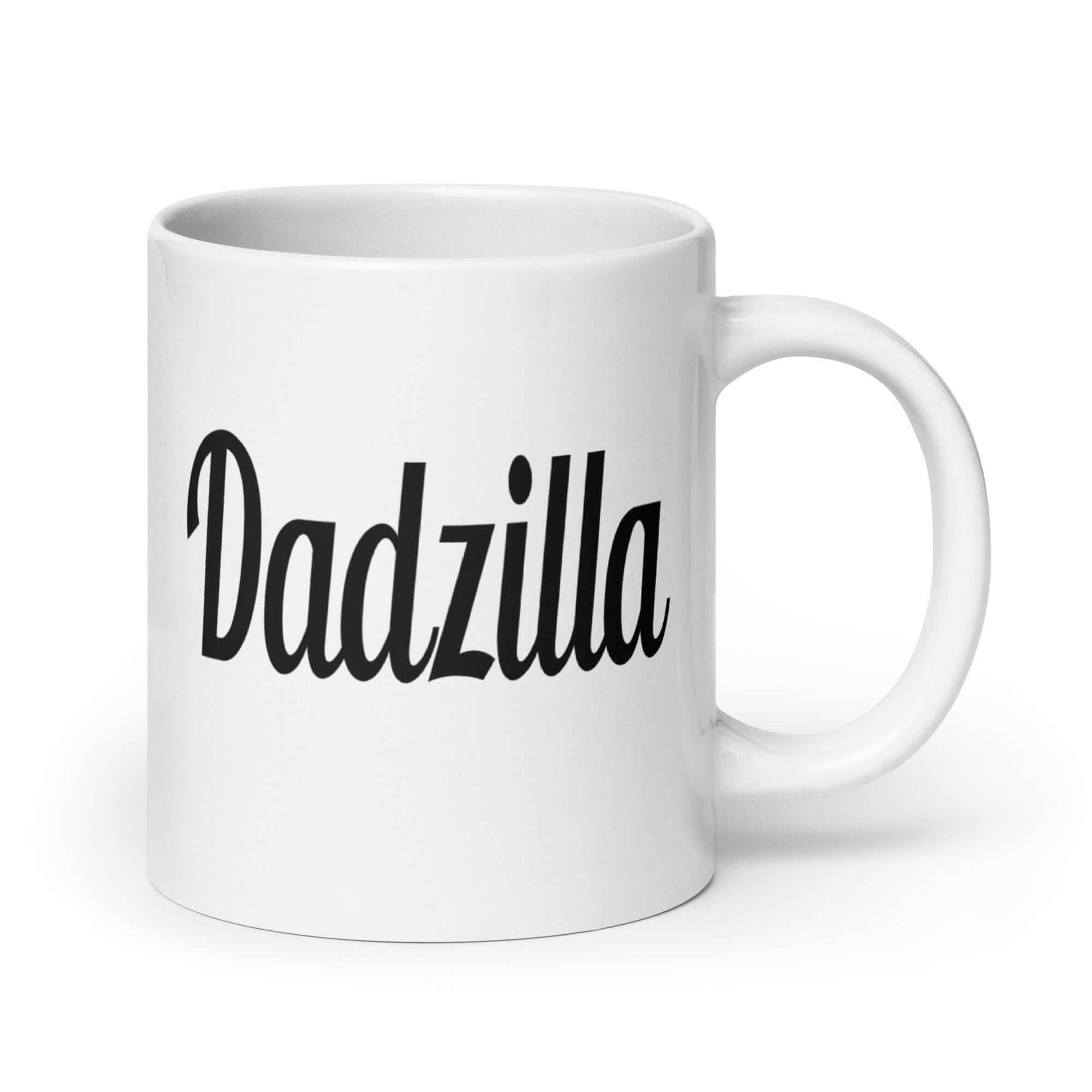 White ceramic coffee mug with the word Dadzilla printed on both sides of the mug.