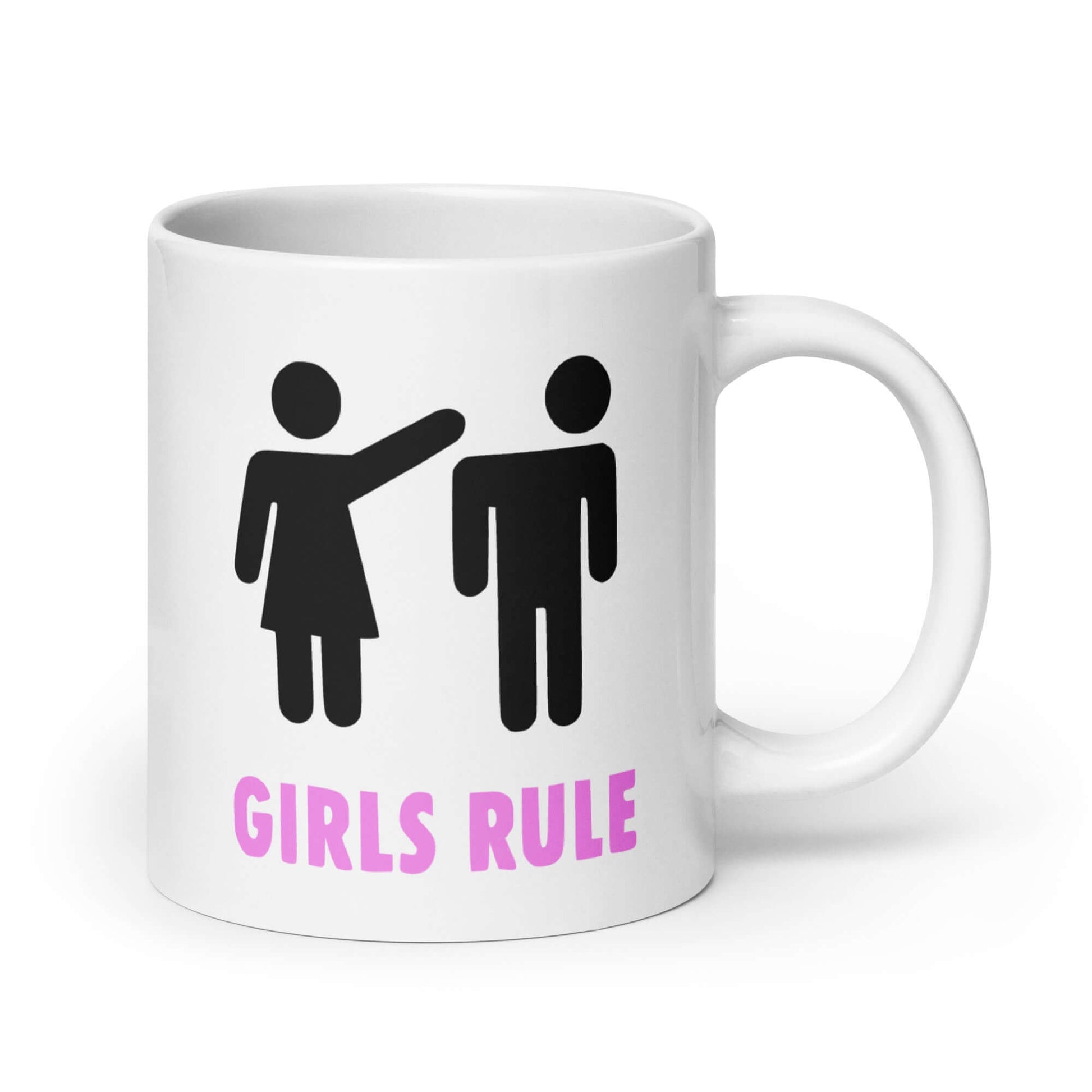 White ceramic mug with an image of a stick figure man and woman. The stick woman is punching the stick mans head off and the words Girls rule is printed beneath in hot pink. The graphics are printed on the front of the shirt..