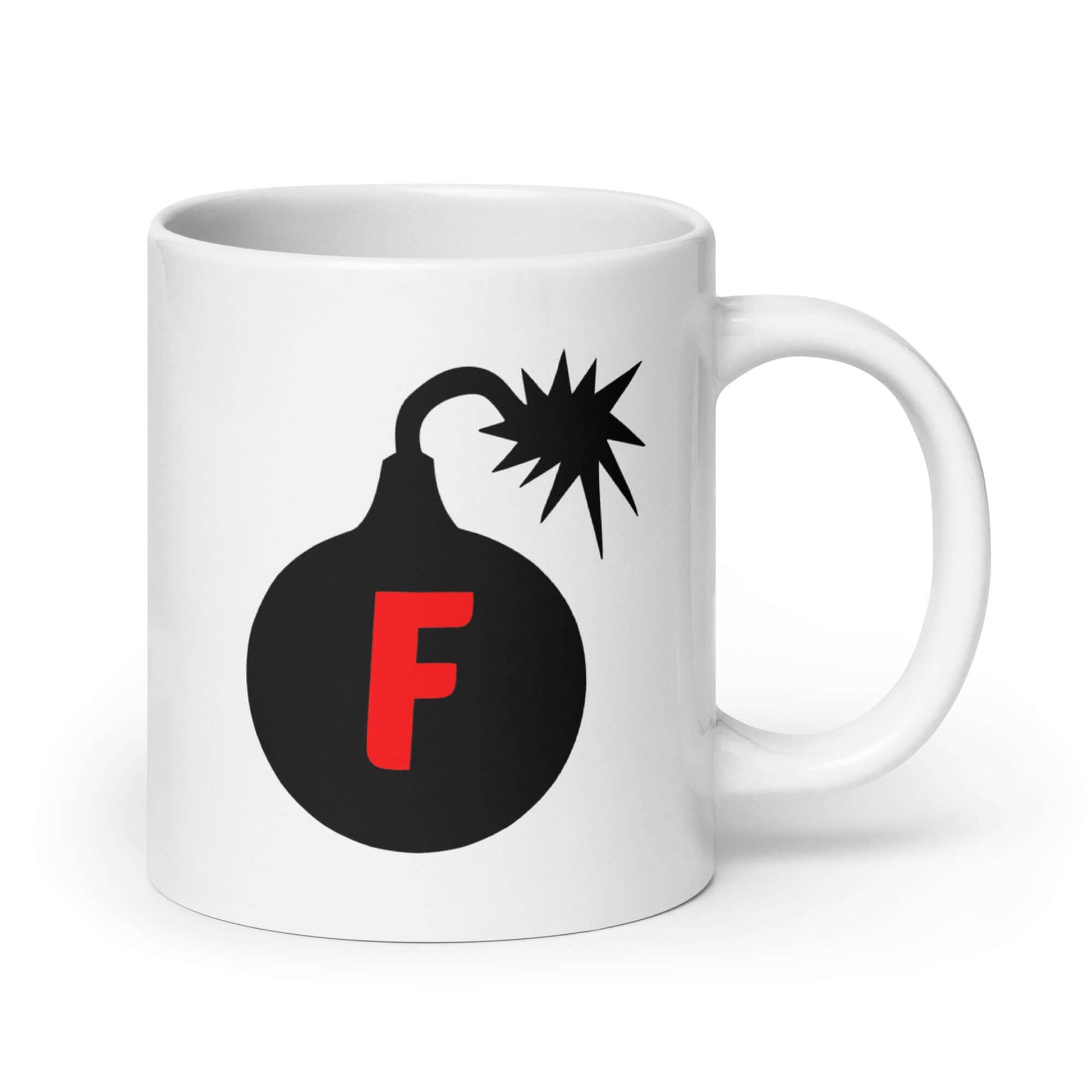 White ceramic coffee mug with an image of a bomb & the letter F printed in the center. The graphics are printed on both sides of the mug.