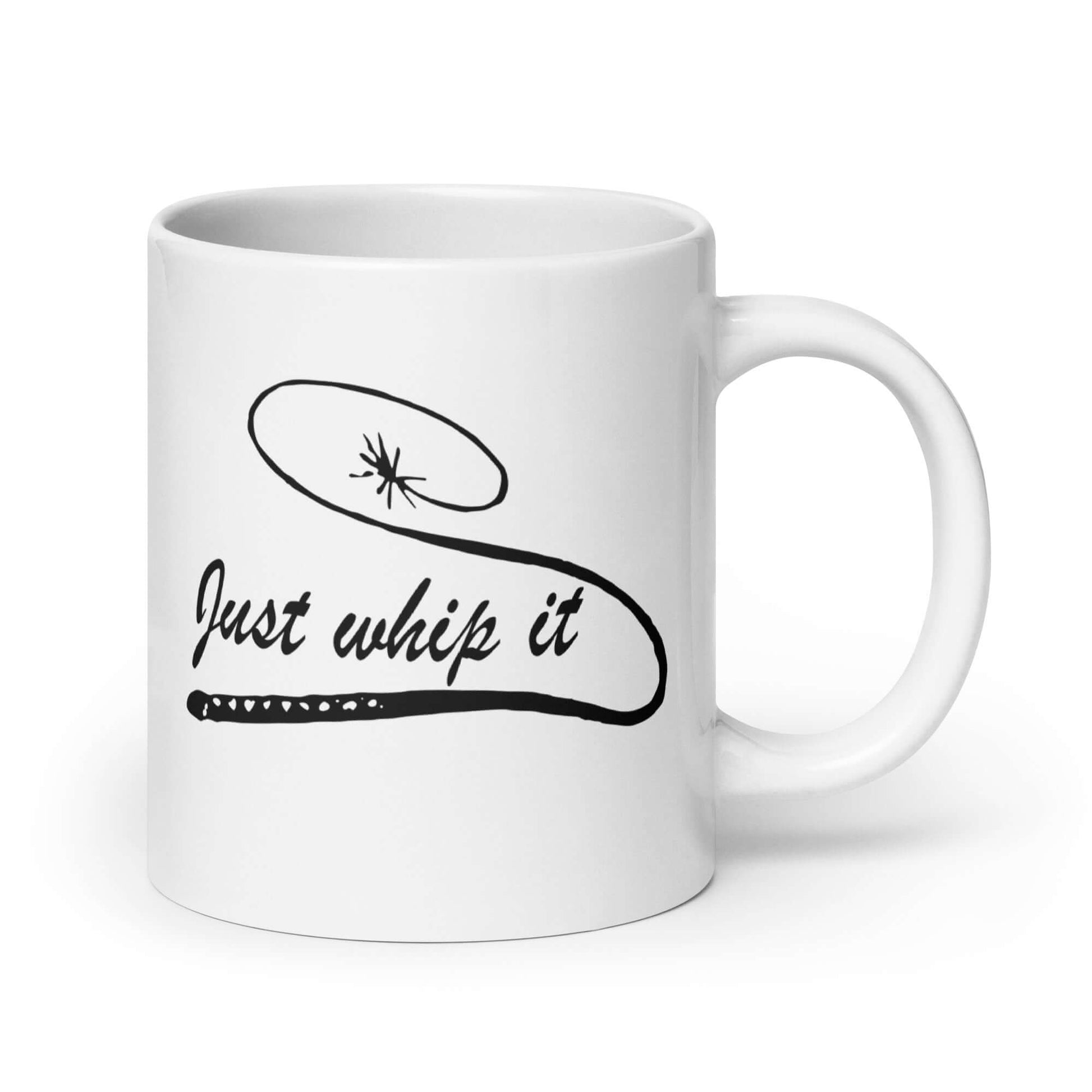 White ceramic coffee mug with a line drawing image of a leather bullwhip and the words Just whip it printed on both sides.