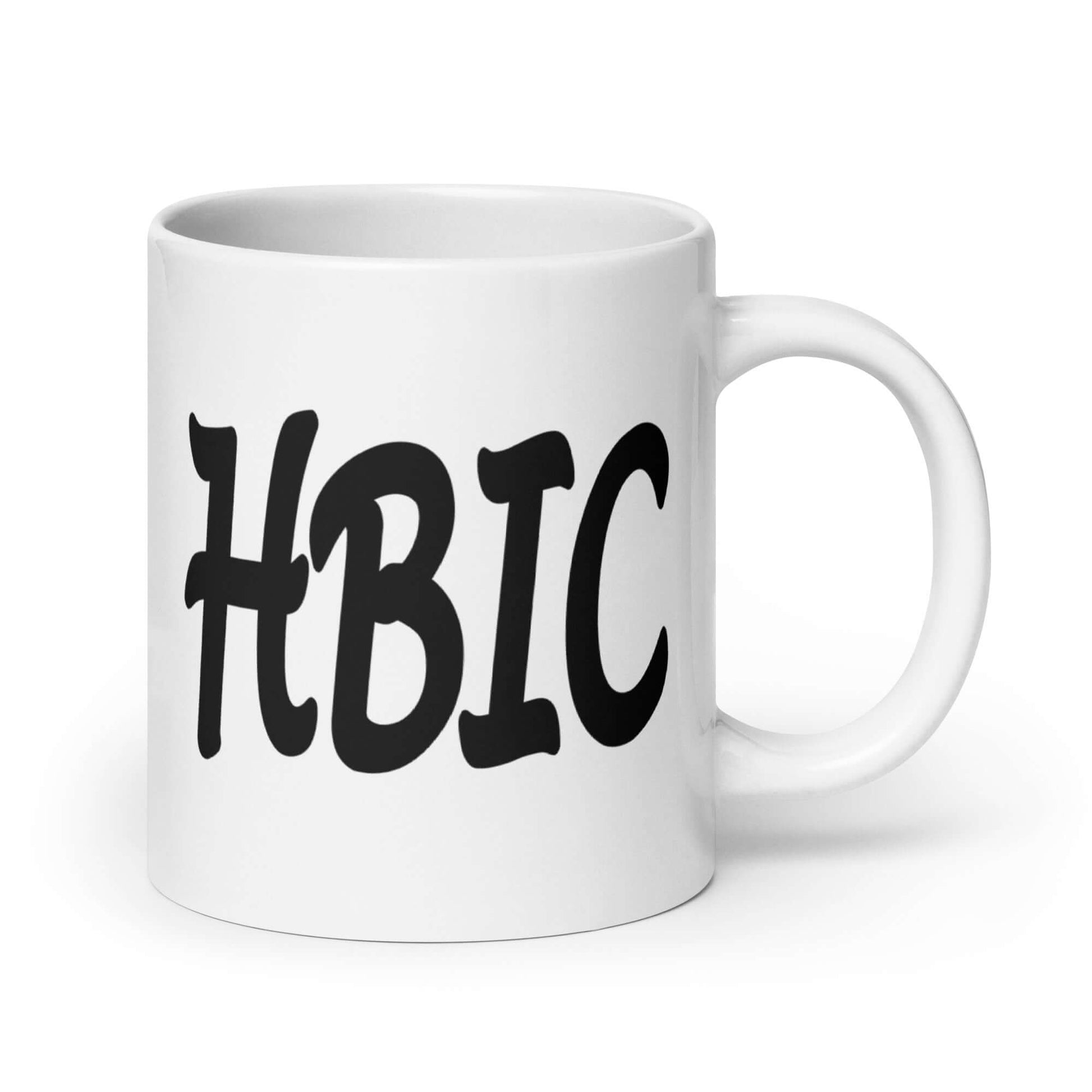 White ceramic mug with the acronym HBIC printed on both sides.