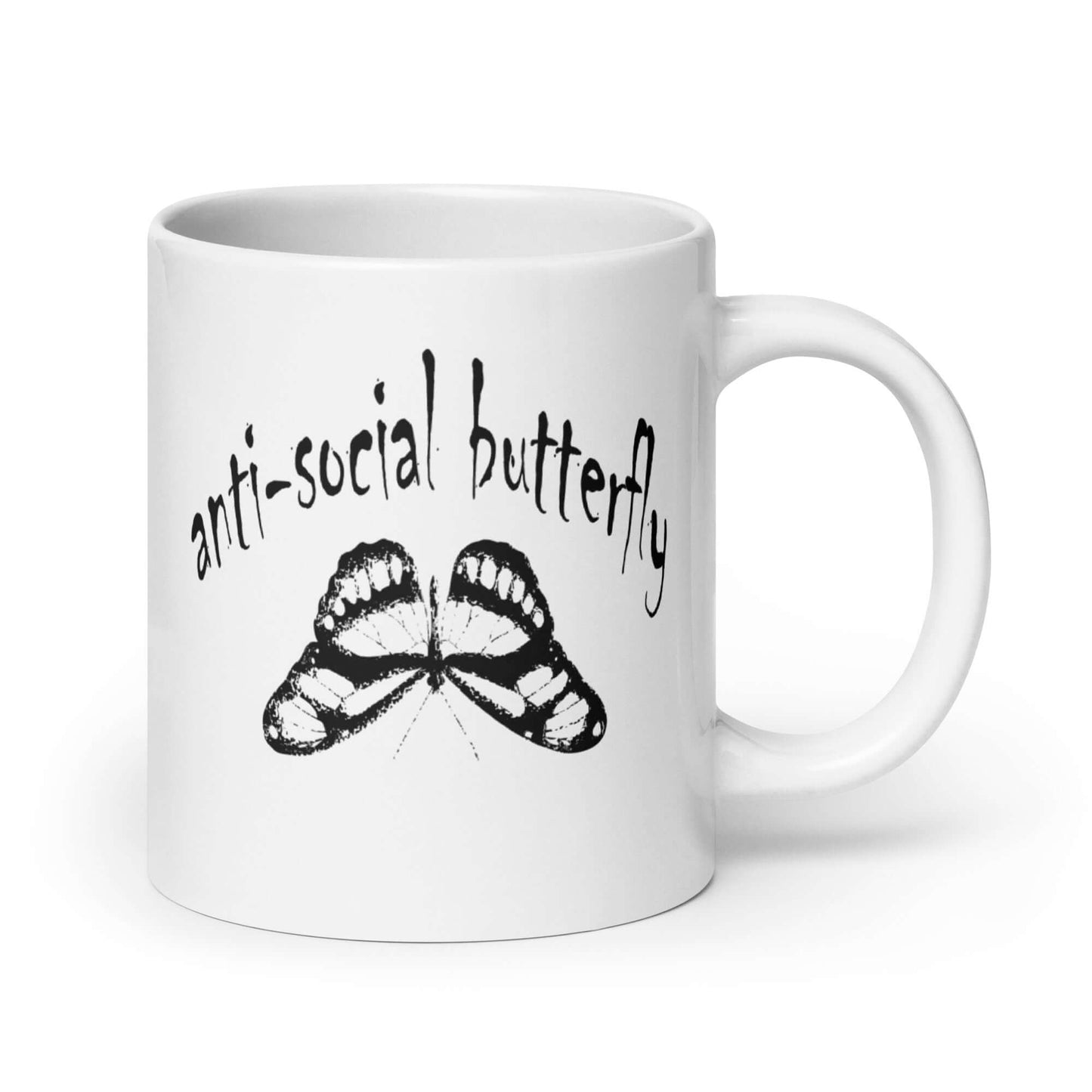 White ceramic coffee mug with an image of an upside down butterfly and the words Anti-social butterfly printed on both sides of the mug.