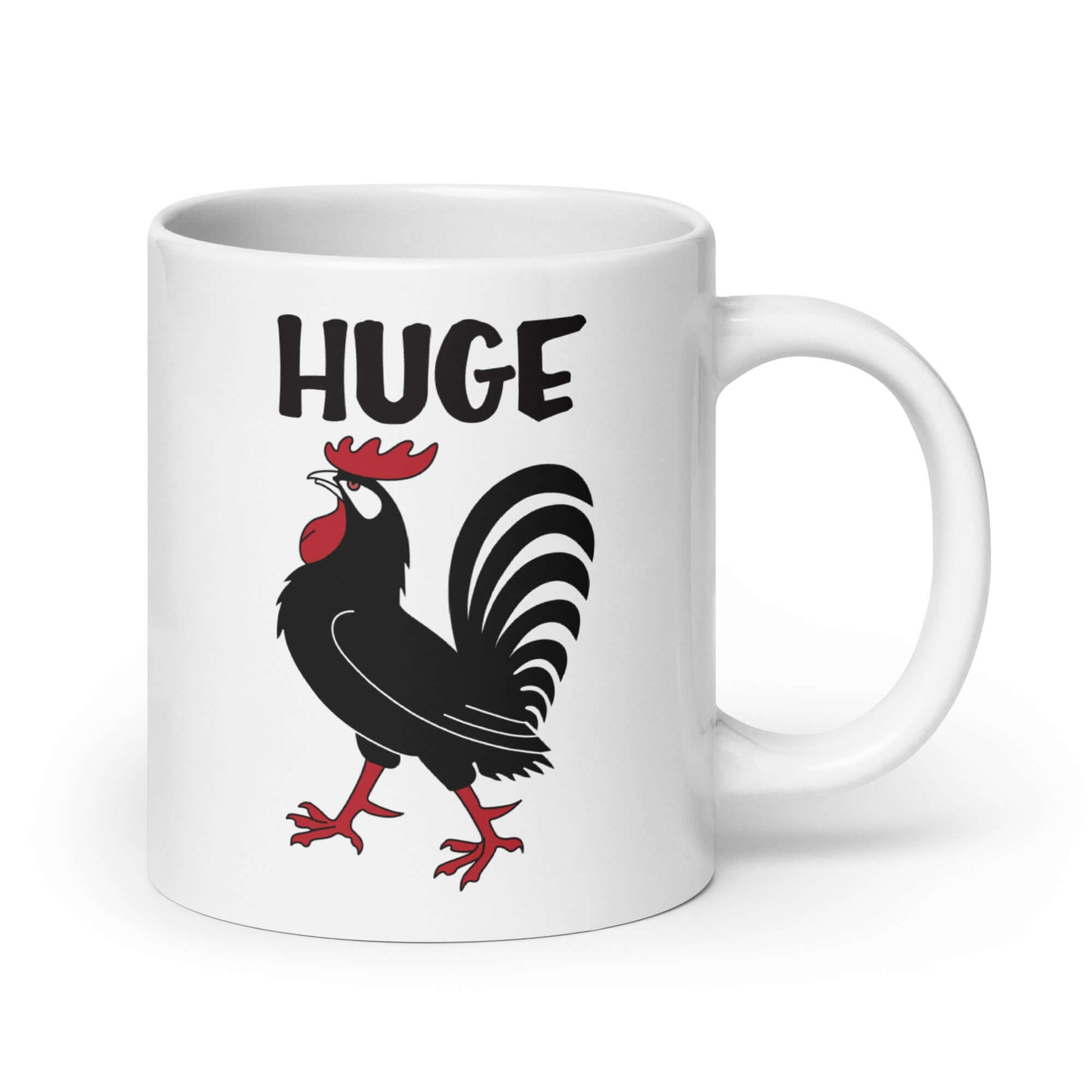 White ceramic mug with an image of a rooster and the word Huge above the rooster printed on both sides.