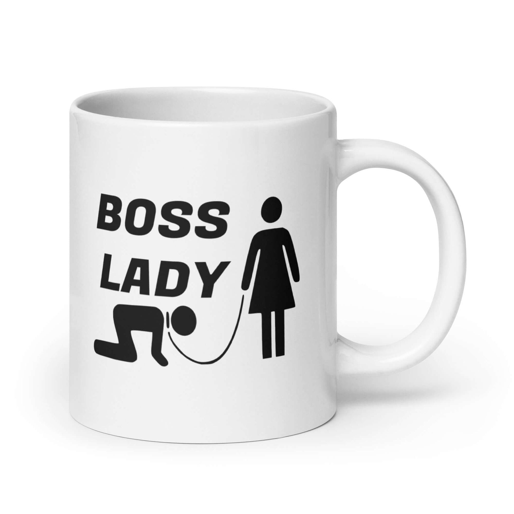 White ceramic mug with graphic of collared and leashed man on his hands and knees being led by a woman and the words Boss lady printed on both sides.
