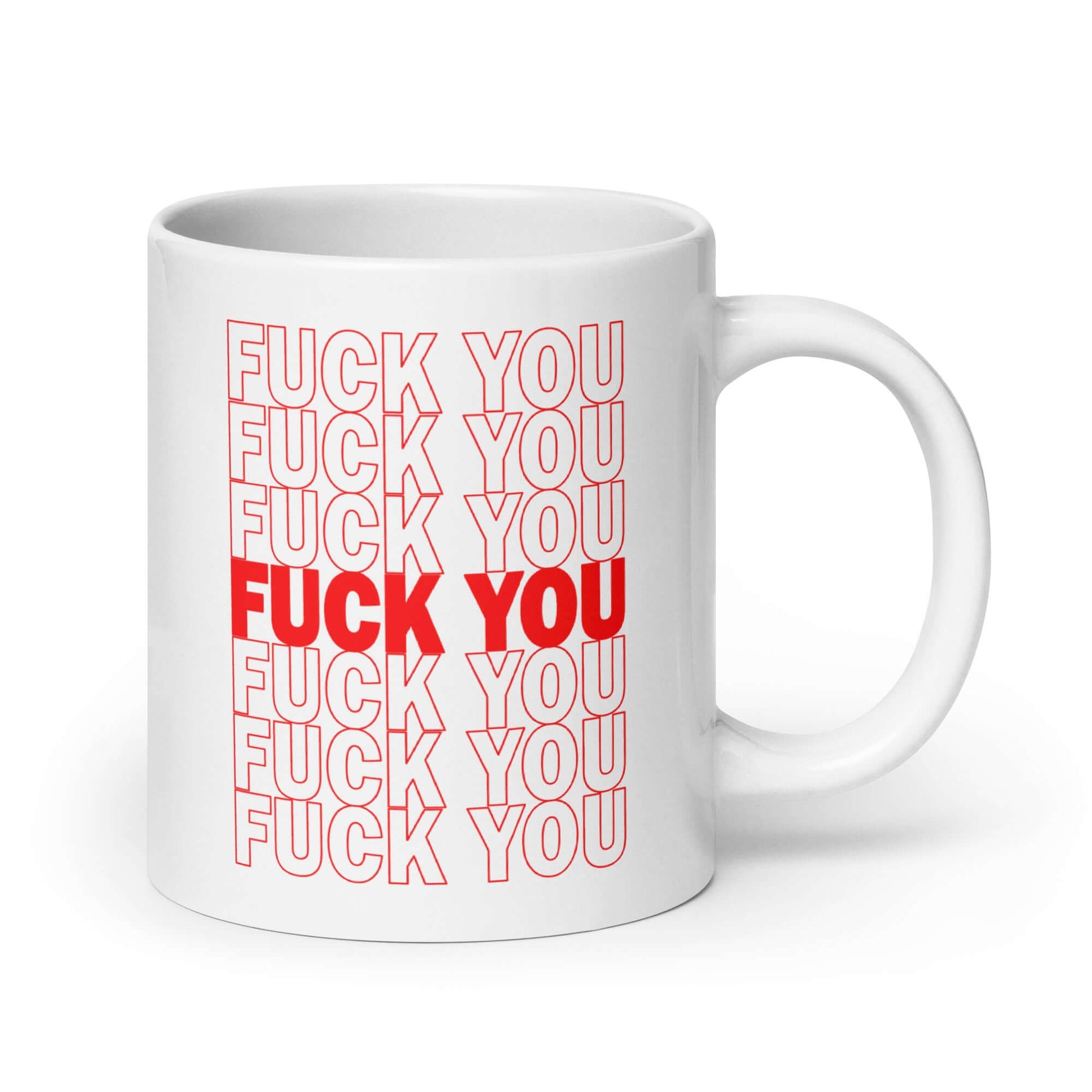 White ceramic mug with a parody graphic of a generic grocery store bag that traditionally have Thank you printed all over but it says Fuck you instead of Thank you. The graphics are printed on both sides of the mug.