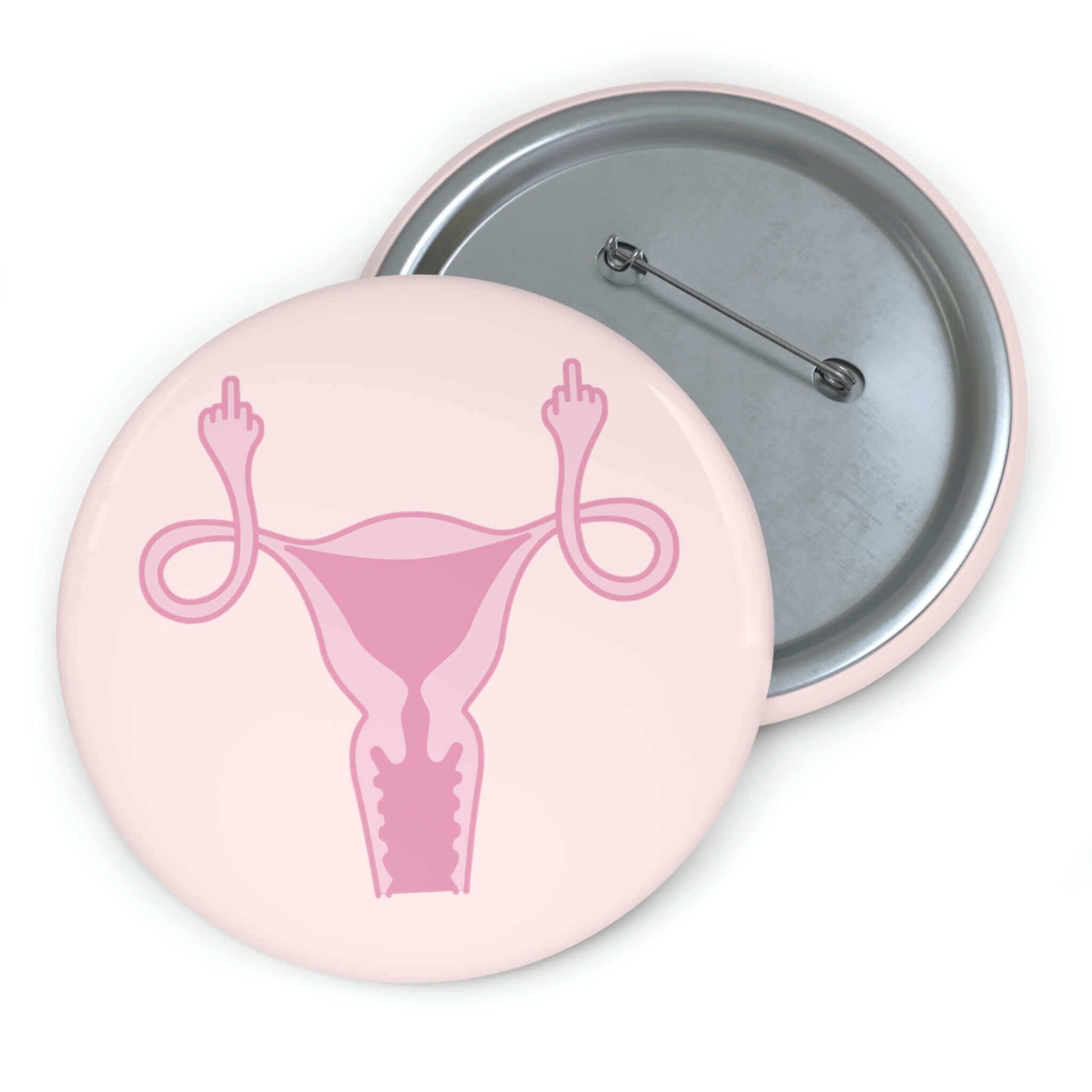 Pink pinback button with image of a uterus flipping the middle finger. 