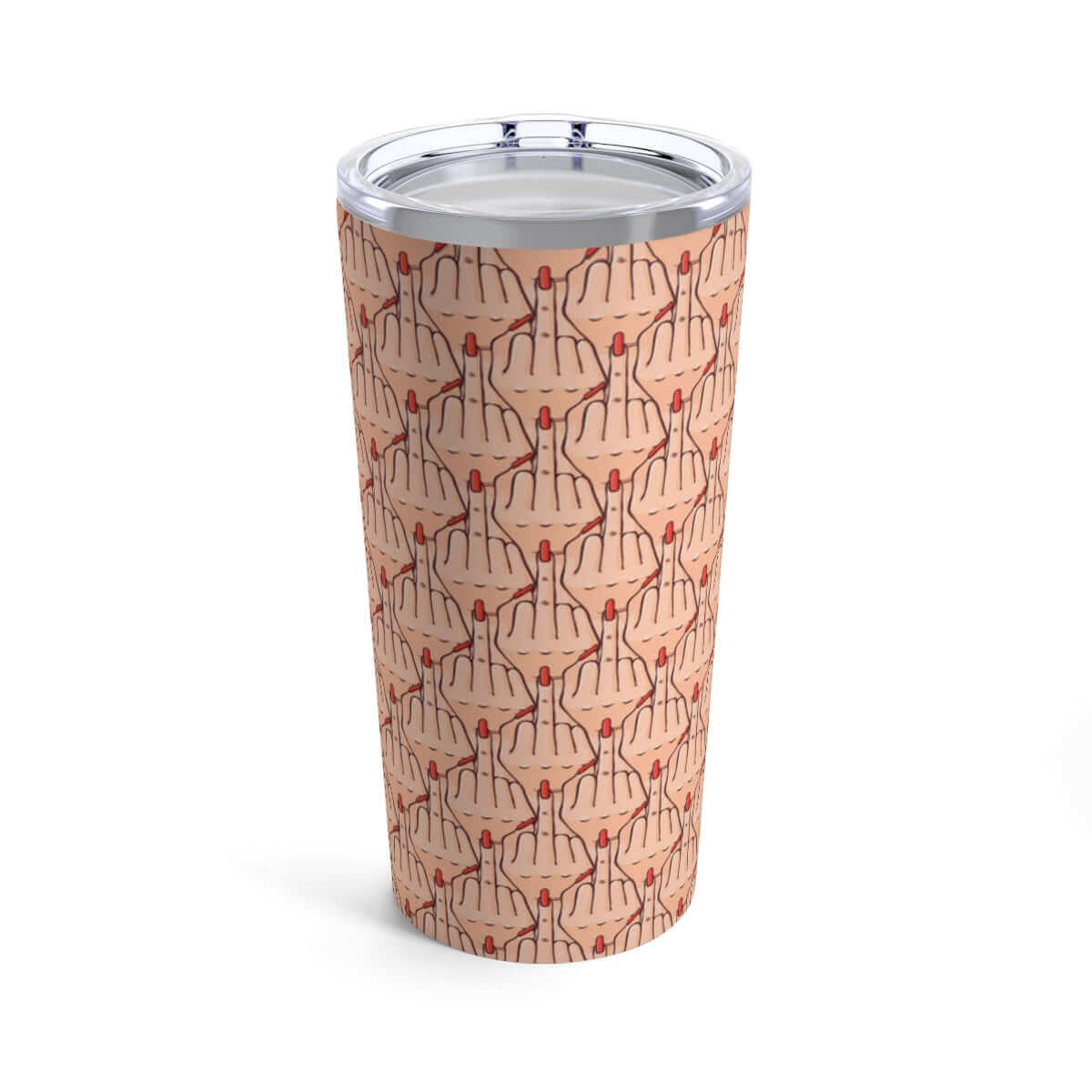 Stainless steel double wall tumbler with clear lid. Tumbler has graphic of Caucasian womans hand flipping the middle finger. The finger has a long red fingernail. The graphic is overlapping and printed all over.