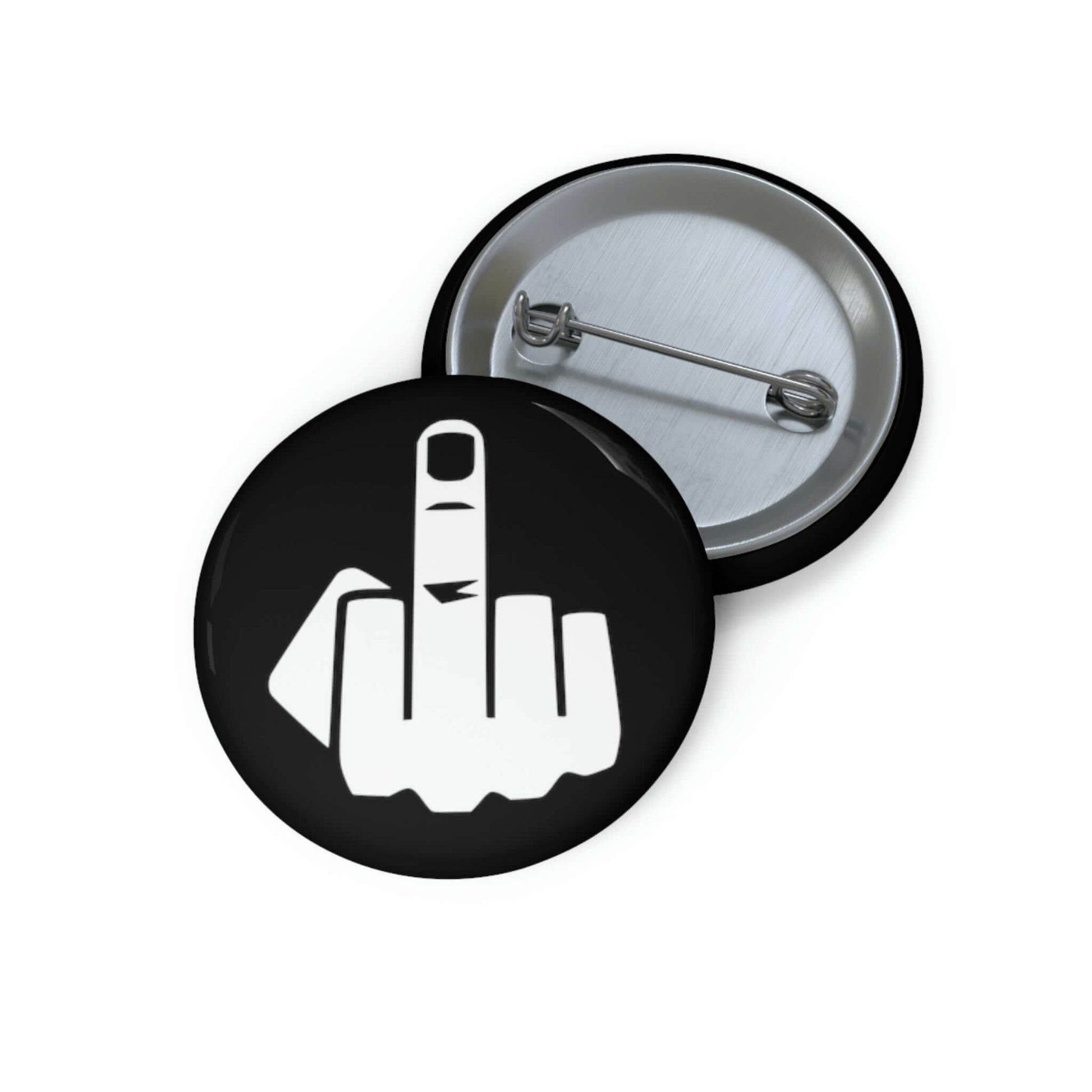 Pinback button with silhouette of middle finger.