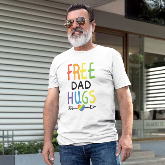 Free Dad hugs LGBTQ rainbow pride supportive parent t-shirt.