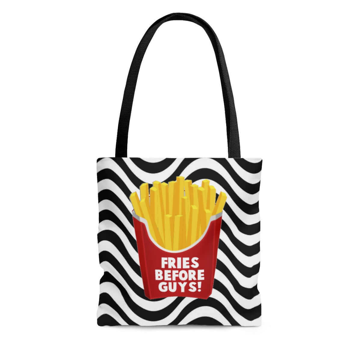 tote bag with black and white wavy lines with french fries