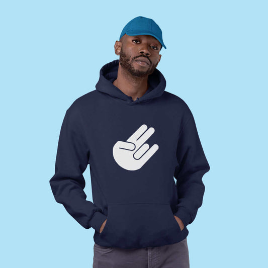 Man wearing a navy blue hoodie sweatshirt with the universal hand symbol for The Shocker printed on the front.