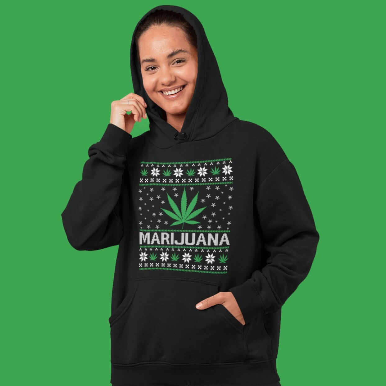 woman wearing marijuana leaf printed hooded sweatshirt