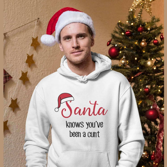 Santa knows you've been bad Christmas holiday hoodie hooded sweatshirt.