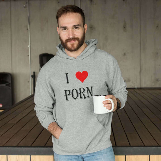 Man wearing a light sport grey hoodie sweatshirt with the phrase I heart porn printed on the front. The heart is red.