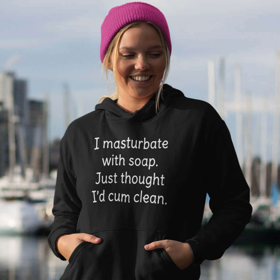 Inappropriate sexual humor masturbation joke cum clean hoodie