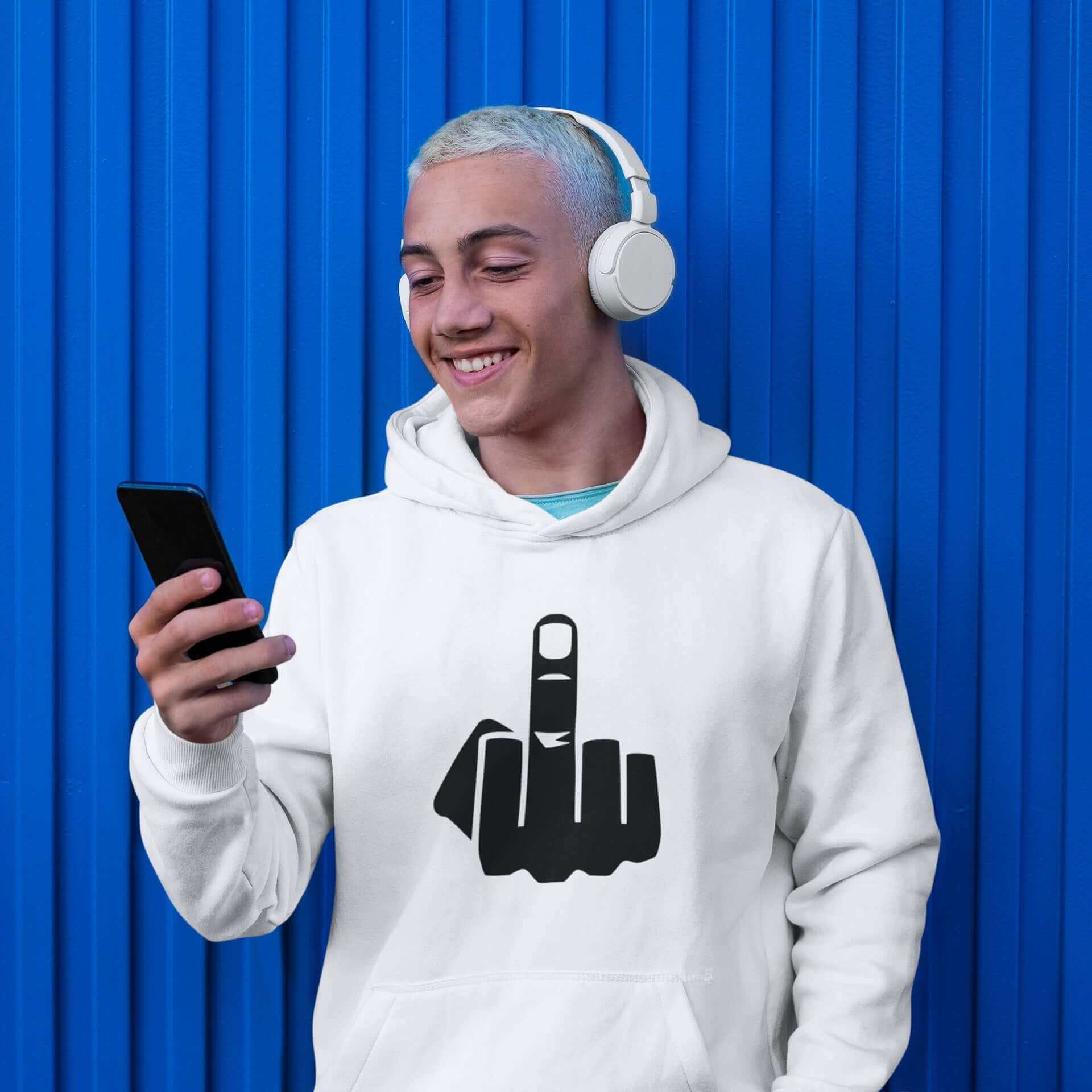 Man wearing white hoodie sweatshirt with an image of middle finger silhouette printed on the front.