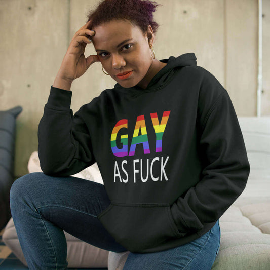 woman wearing black gay pride hoodie gay as fuck rainbow pride sweatshirt witticismsrus