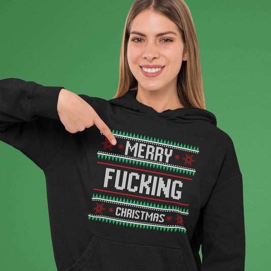 woman wearing merry fucking christmas hoodie 