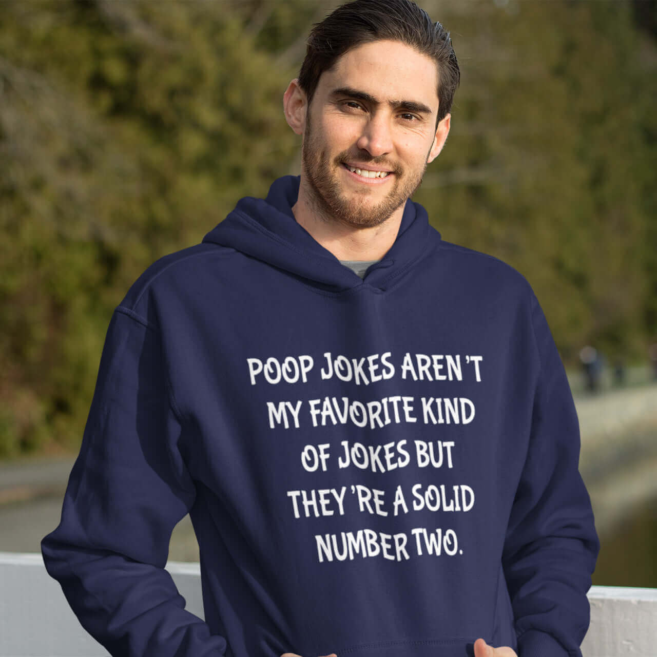 bearded man wearing inappropriate joke hoodie