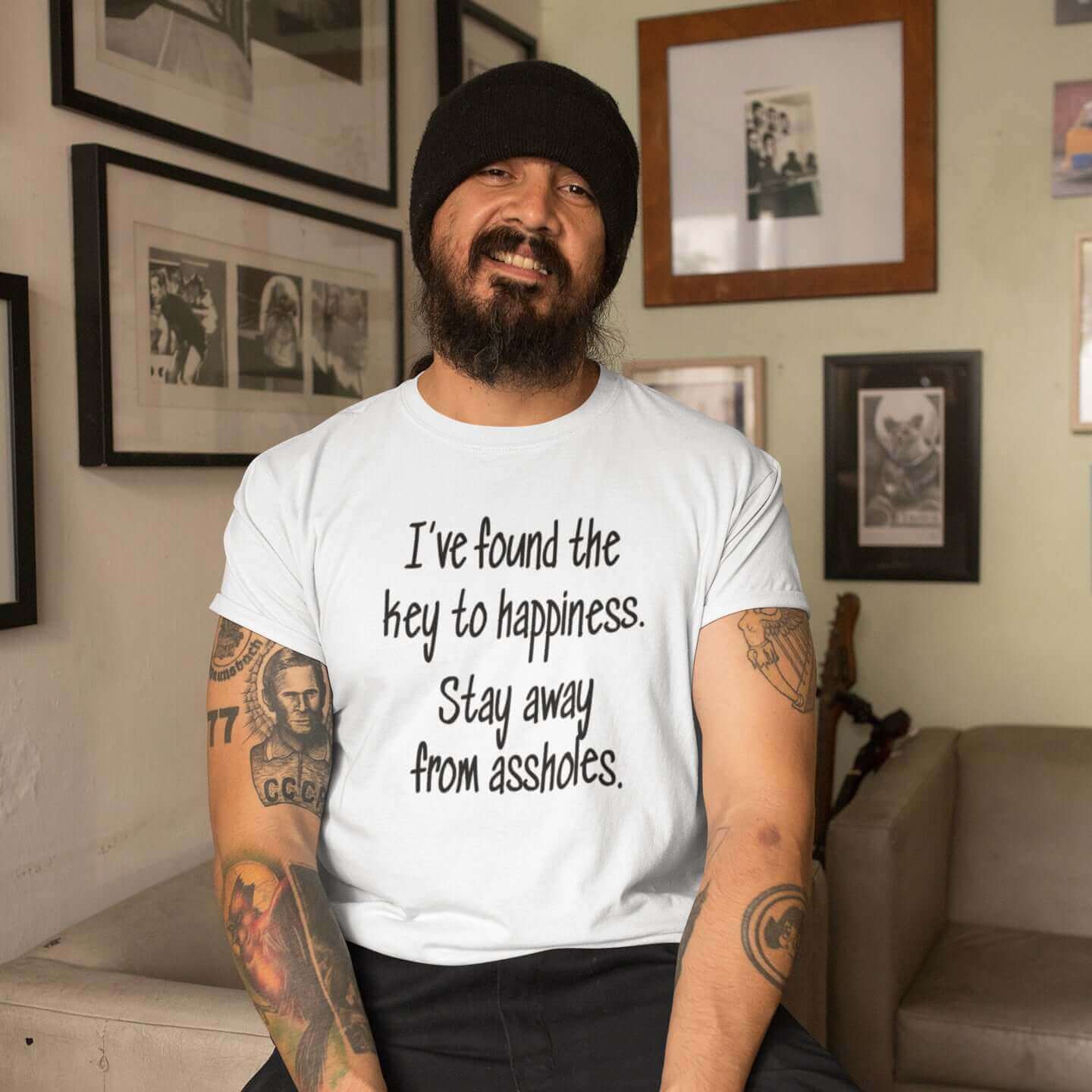 man with beard wearing inspirational happiness tshirt witticismsrus