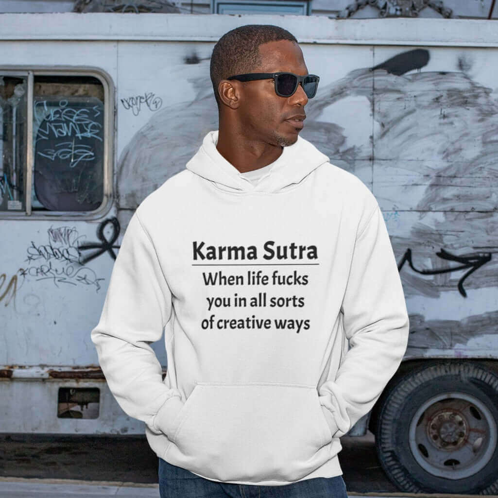Karma sutra pun hoodie. Kama sutra joke hooded sweatshirt.