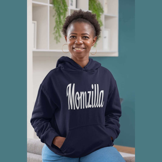 woman wearing blue hoodie that says momzilla on the front witticismsrus