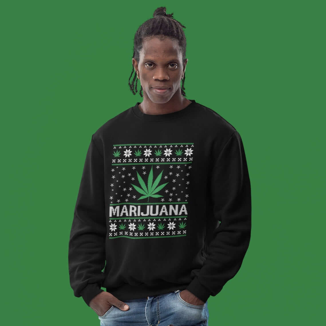 young man wearing marijuana print sweatshirt