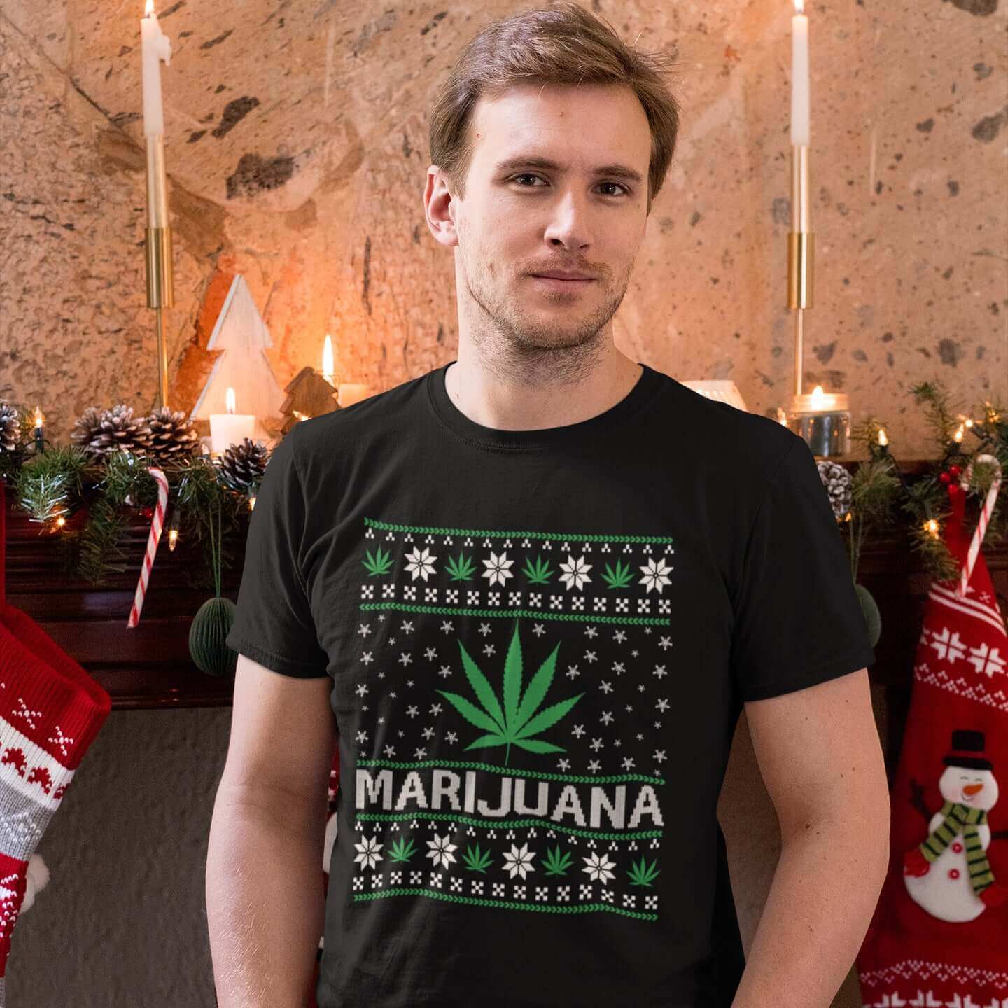 young man wearing marijuana print tshirt at christmas