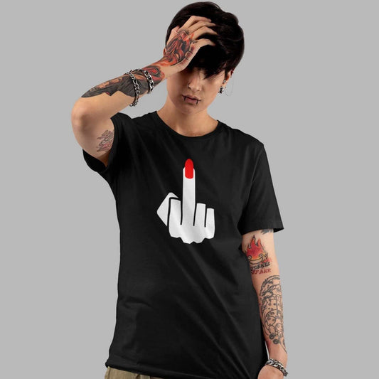 Tattooed woman wearing black t-shirt with an image of a middle finger with long red fingernail silhouette printed on the front.