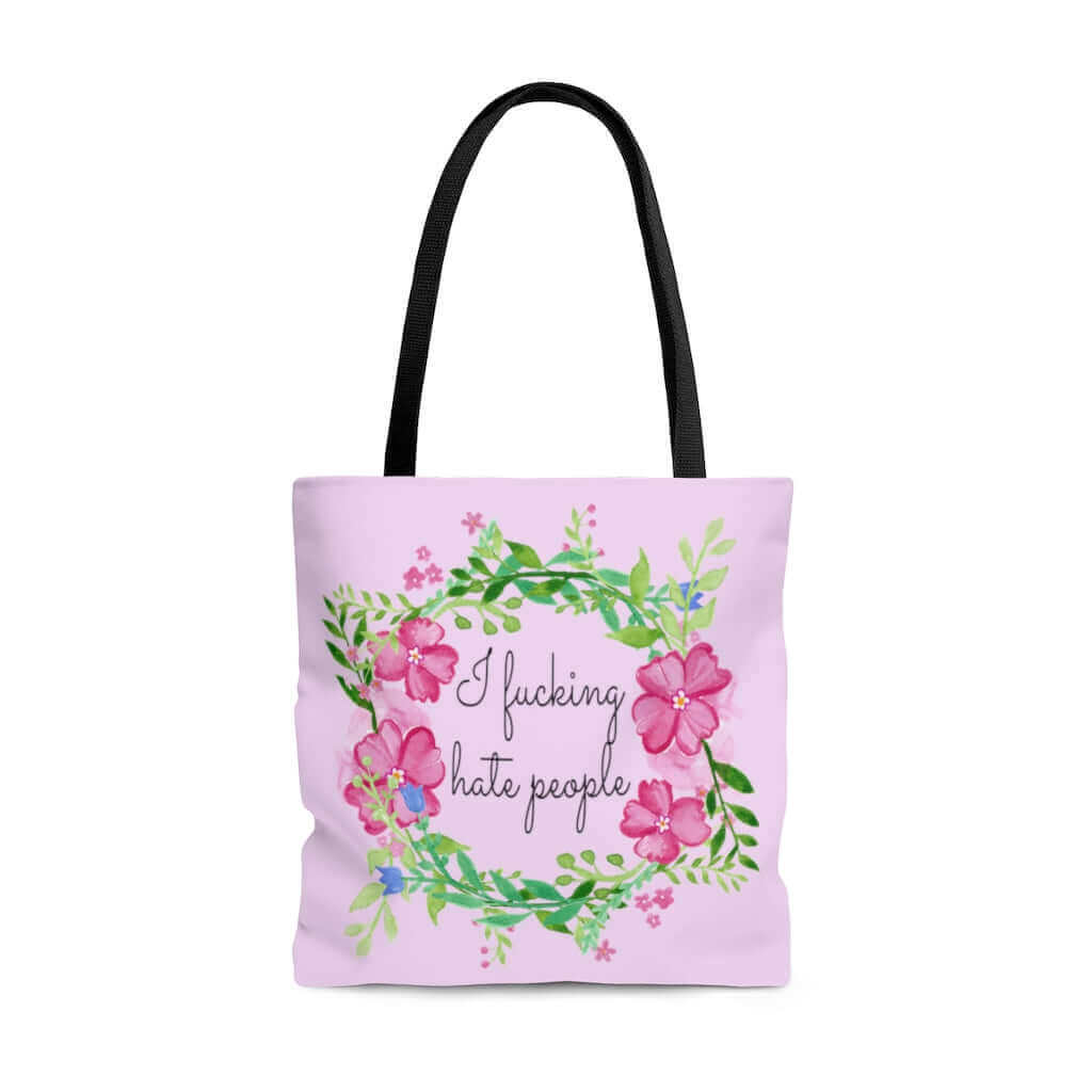 pink tote bag with floral wreath graphic