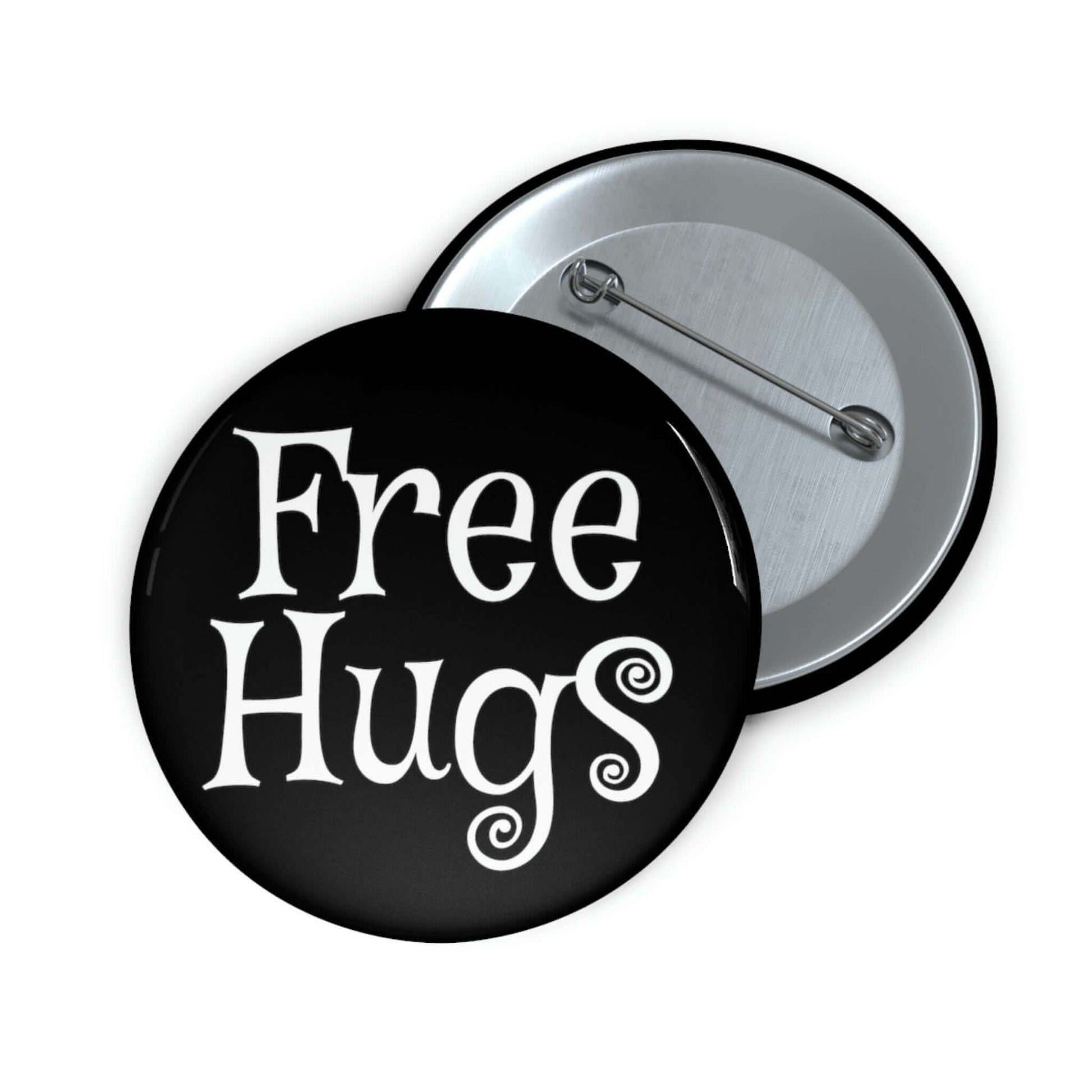 Pinback button that says Free Hugs.