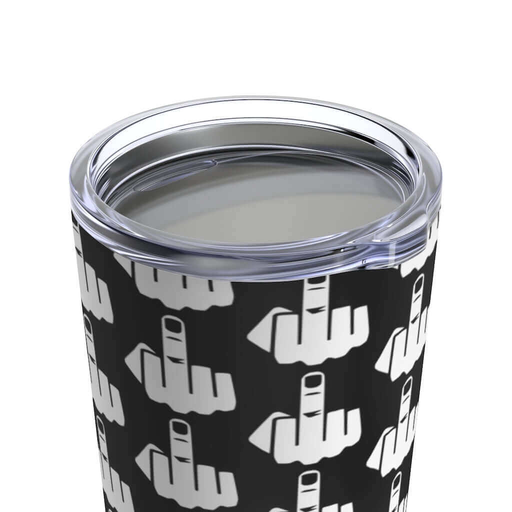 Stainless steel double wall tumbler with clear lid. The tumbler is black with small white middle finger silhouettes printed all over the tumbler.