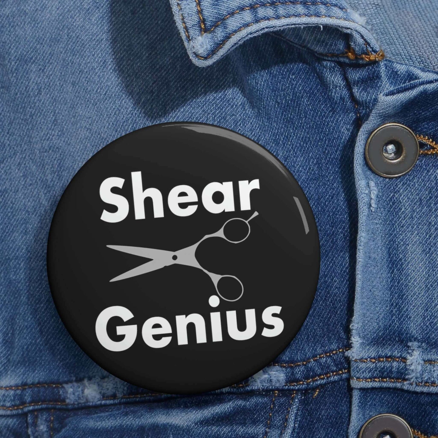 Shear genius stylist pinback button