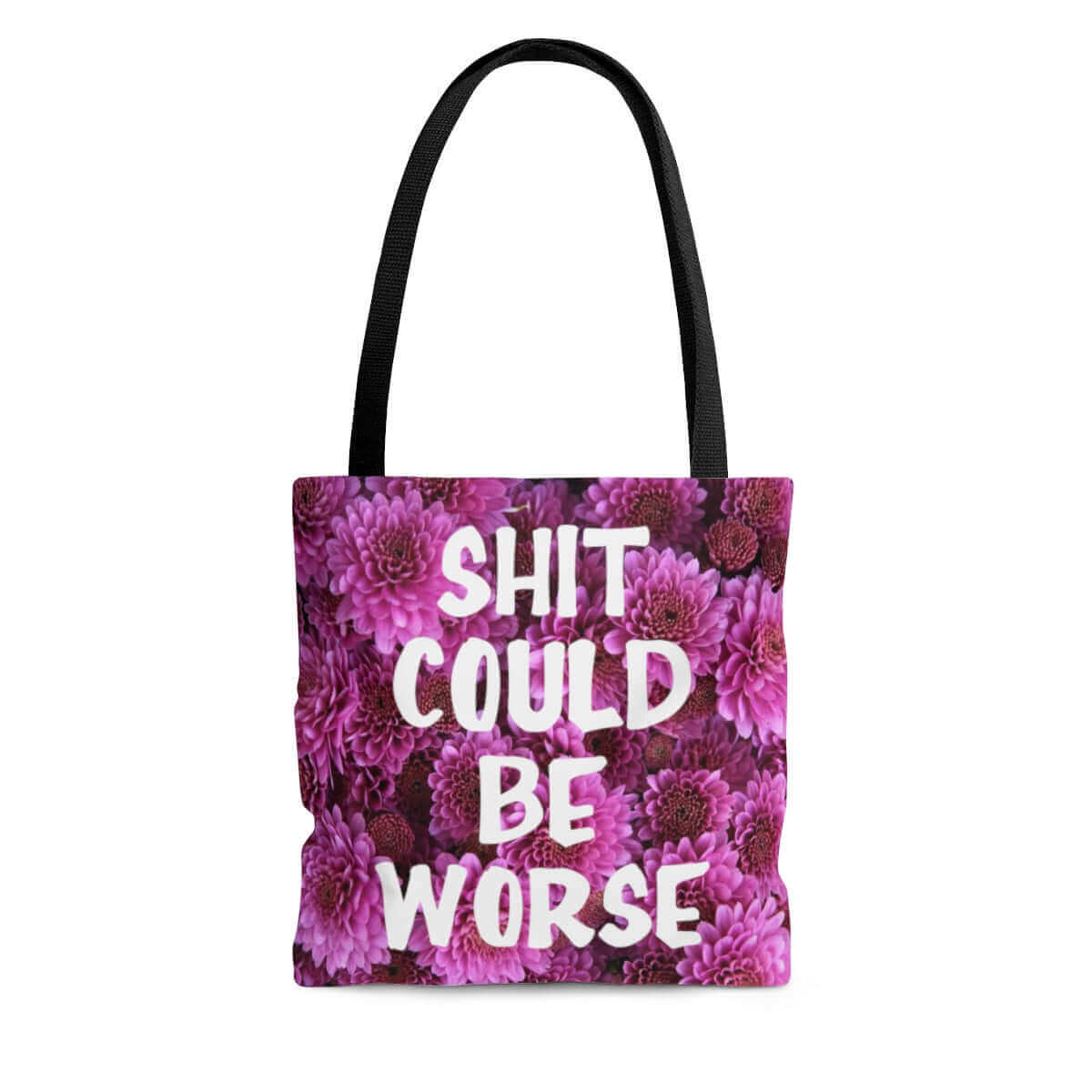 purple floral print tote bag with whit could be worse graphic