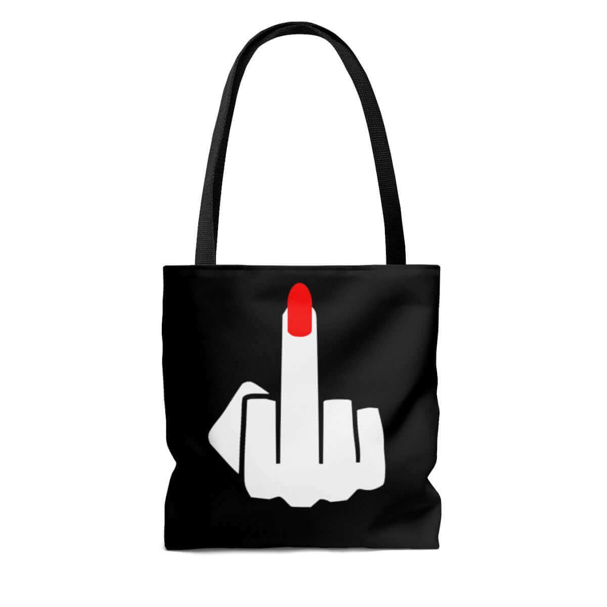 Black tote bag with an image of a middle finger with long red fingernail silhouette printed on both sides.