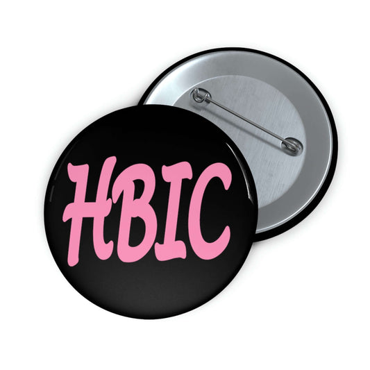 Black pinback button with the acronym HBIC in pink.