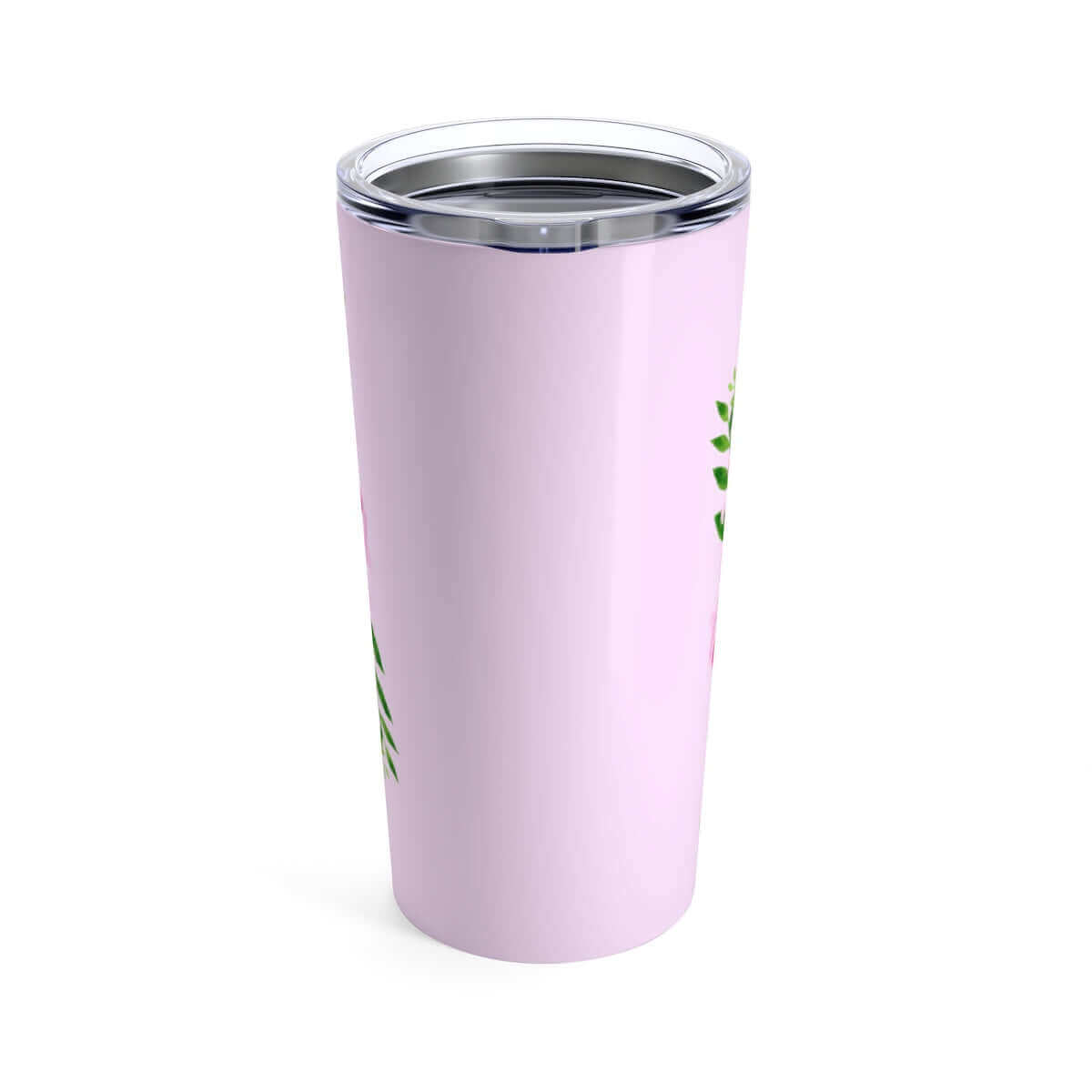 Double wall stainless steel tumbler with clear lid. Tumbler is light pink with pink and green floral wreath image and the words I fucking hate people printed on it.