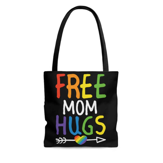 black tote bag with free mom hugs rainbow graphic