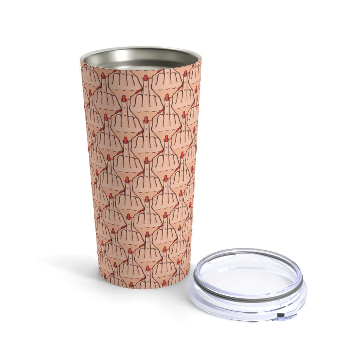 Stainless steel double wall tumbler with clear lid. Tumbler has graphic of Caucasian womans hand flipping the middle finger. The finger has a long red fingernail. The graphic is overlapping and printed all over.