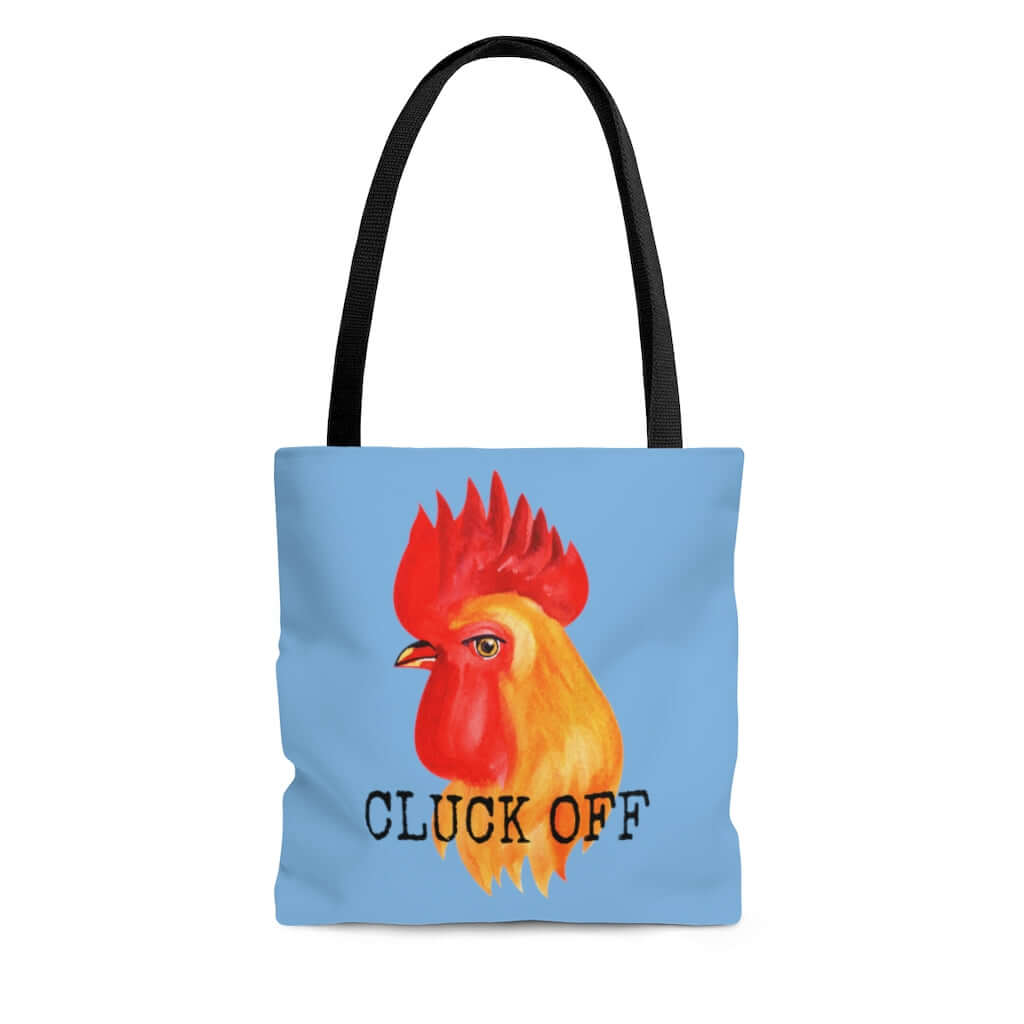 blue tote bag with chicken rooster print