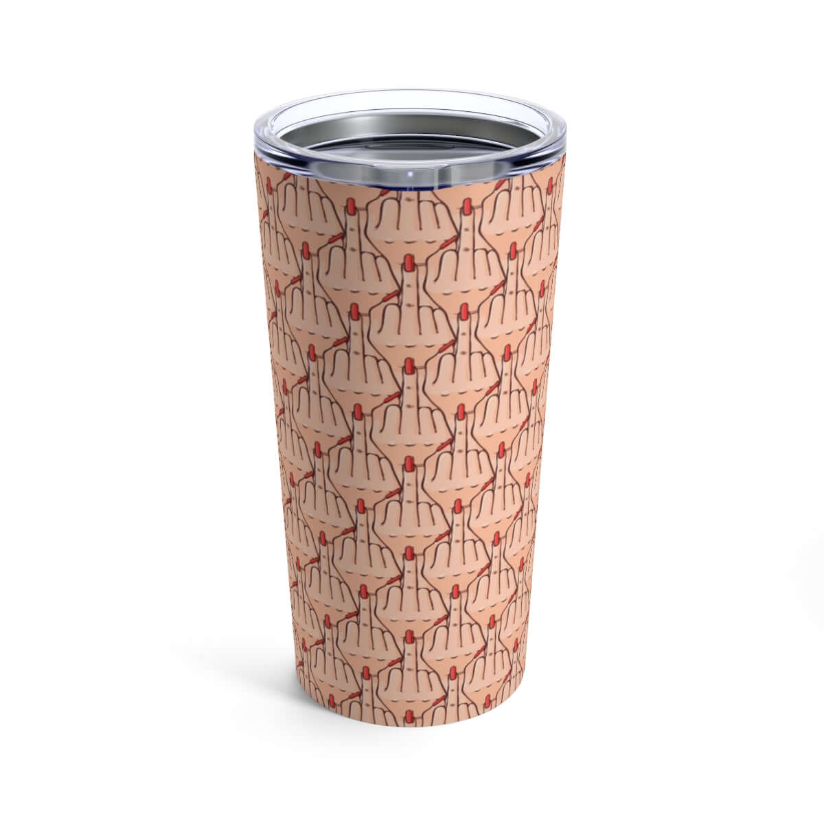 Stainless steel double wall tumbler with clear lid. Tumbler has graphic of Caucasian womans hand flipping the middle finger. The finger has a long red fingernail. The graphic is overlapping and printed all over.