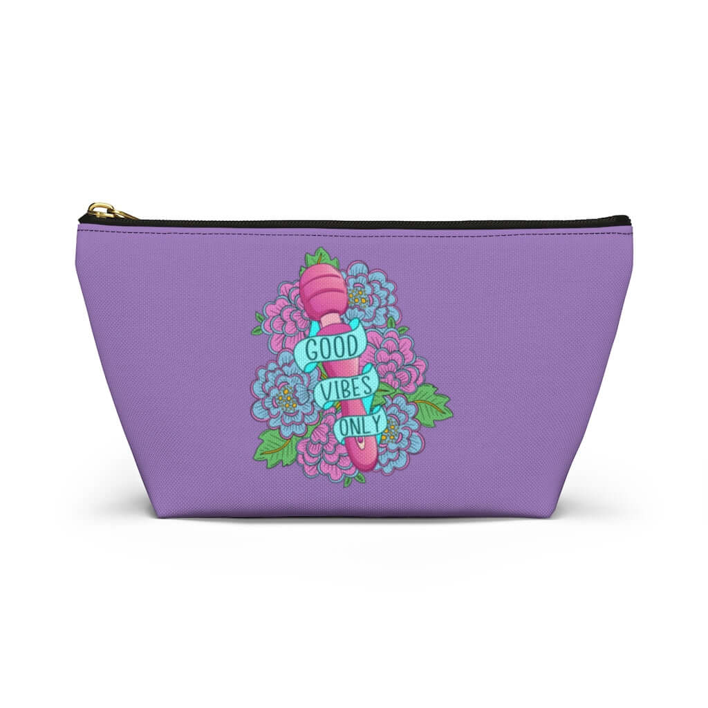 Light purple zipper pouch with graphic design that has the words Good vibes only layered over a pink wand vibrator with flowers around. The graphic design is printed on both sides of the bag.