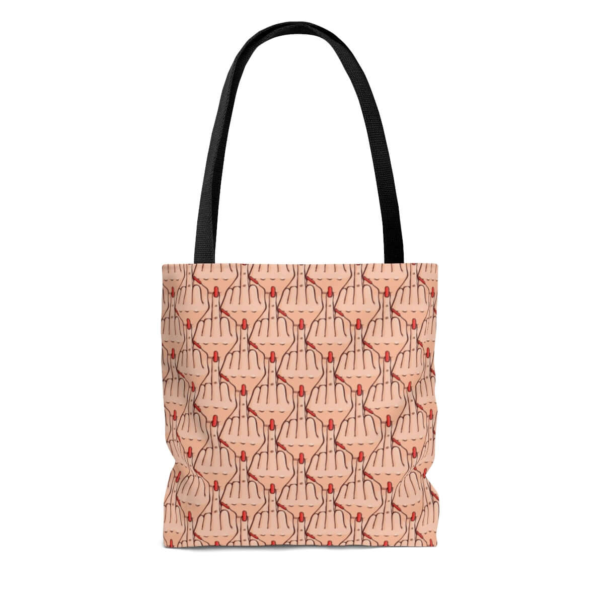 Tote bag with graphic of Caucasian womans hand flipping the middle finger. The finger has a long red fingernail. The graphic is overlapping and printed all over. 