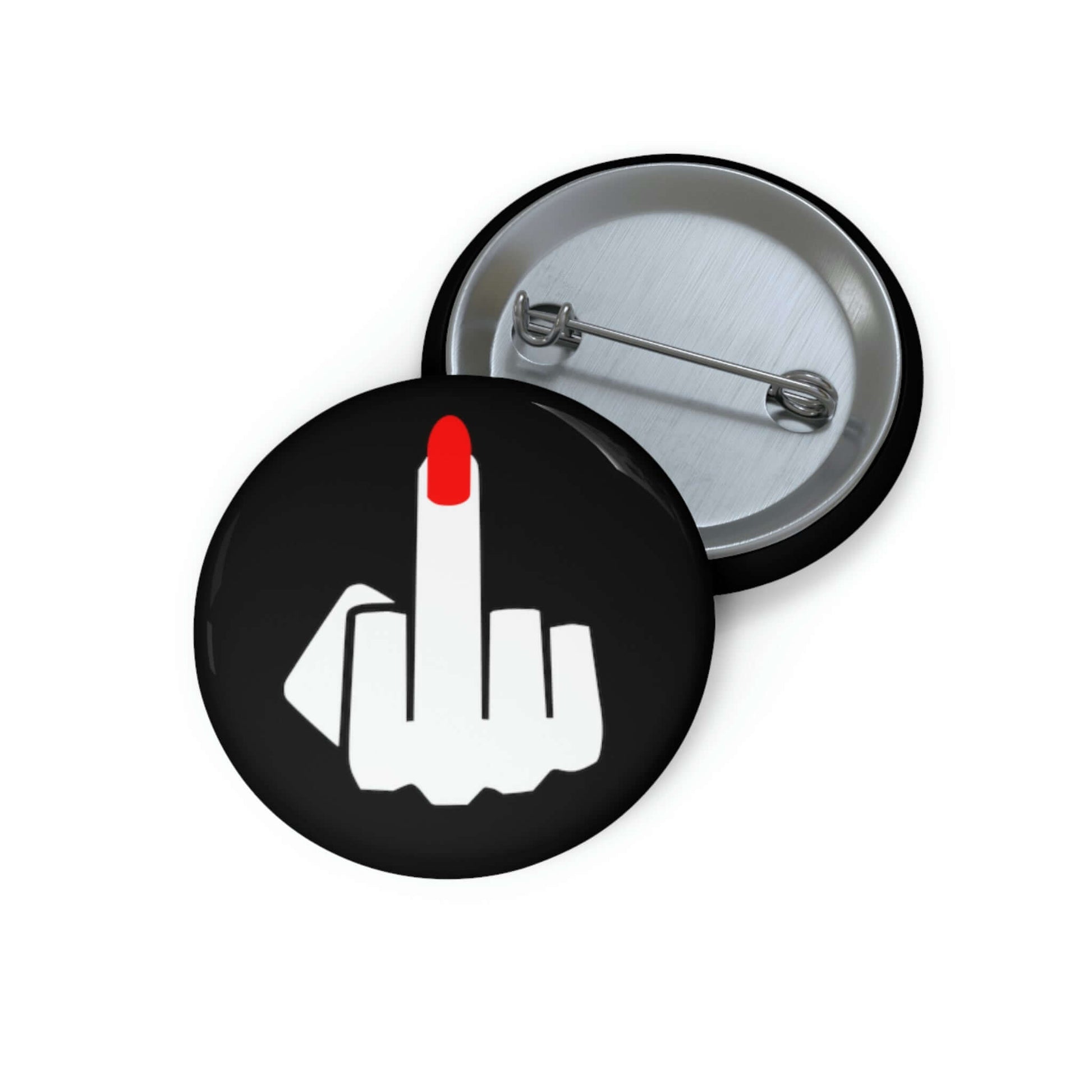 Pin-back button with silhouette of a ladies hand flipping the middle finger with a long red fingernail.