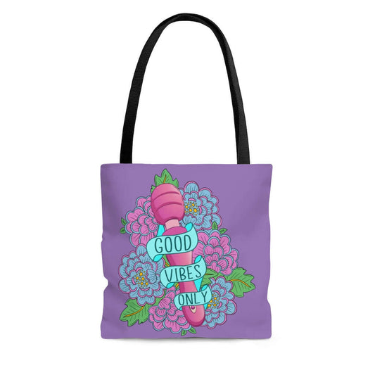 purple good vibes only printed wand vibrator floral tote bag witticismsrus