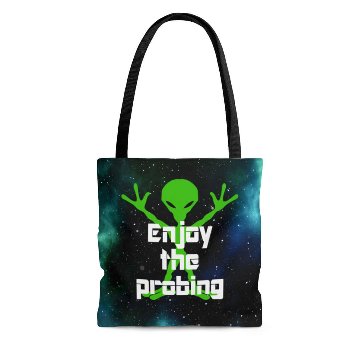 black space print tote bag with alien graphic