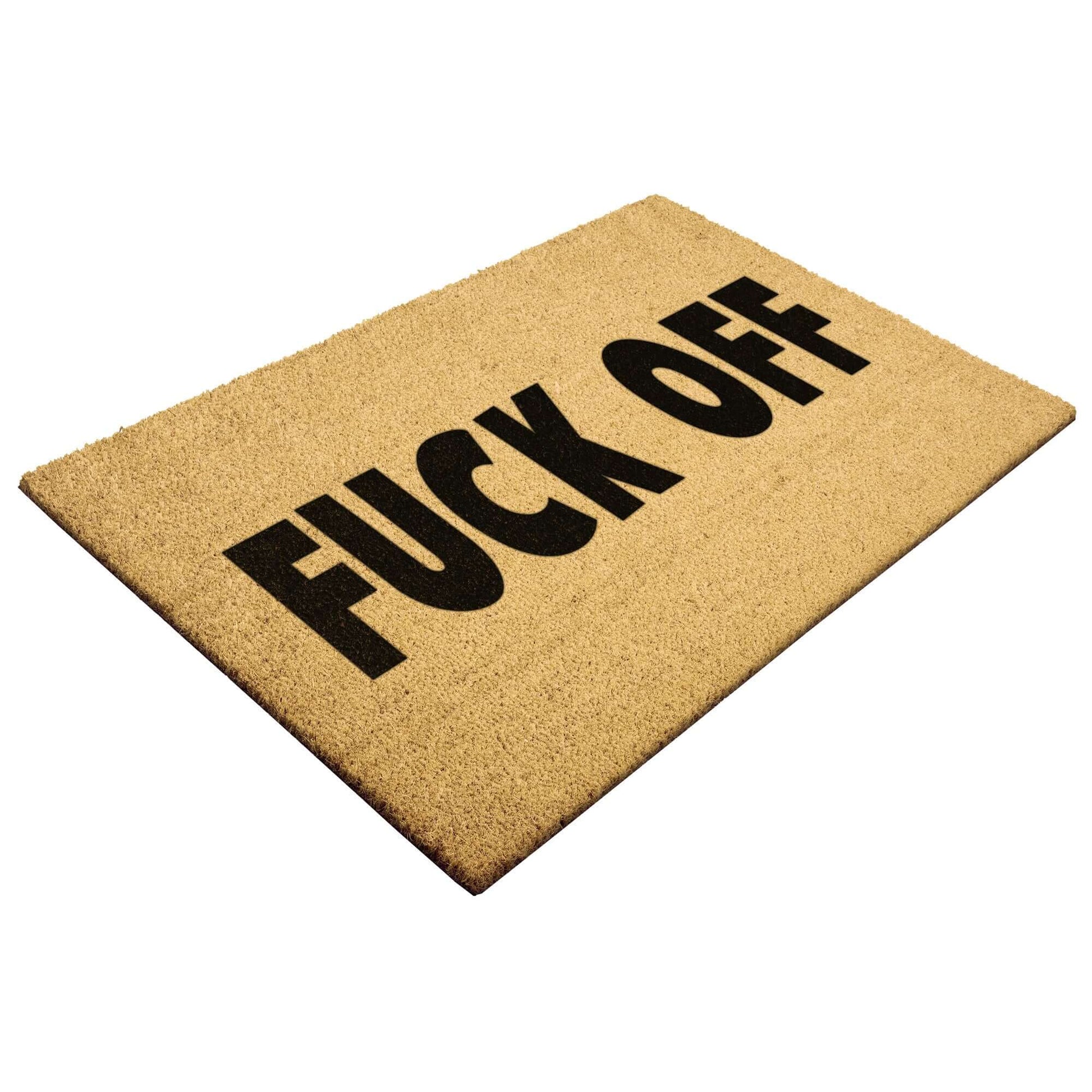 Tan color coconut coir fiber doormat with Fuck off in a bold block font printed in black.