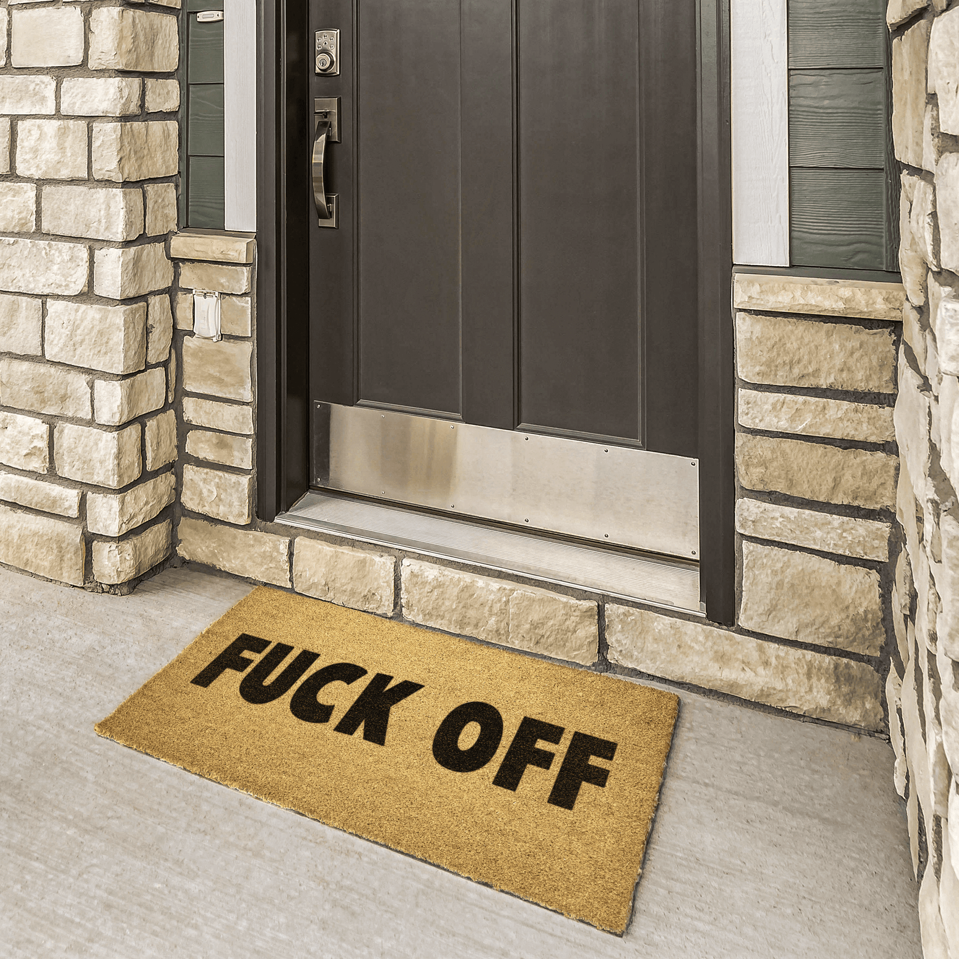Tan color coconut coir fiber doormat with Fuck off in a bold block font printed in black.